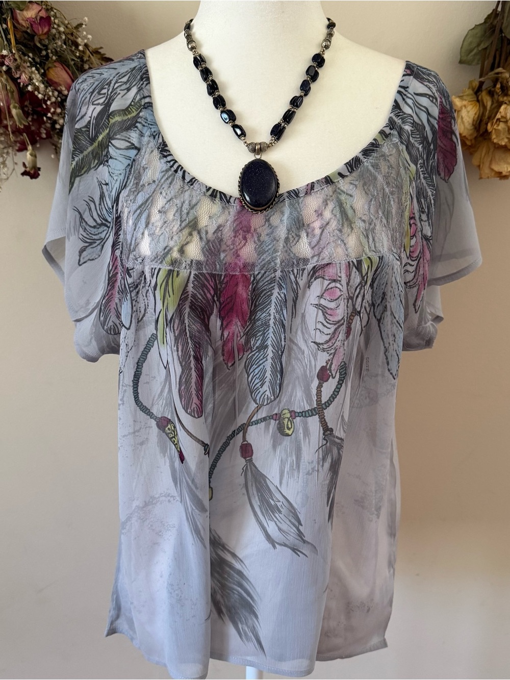 Fang Light Gray Feather-Print Sheer Blouse